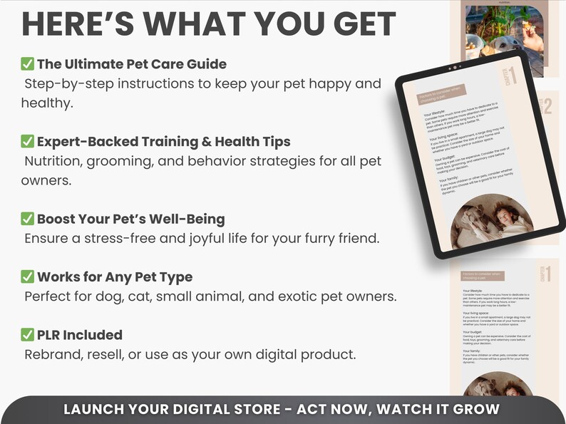 May include: A digital product listing for a pet care guide. The listing highlights the guide's features, including step-by-step instructions, expert-backed training and health tips, and a focus on boosting pet well-being. The guide is described as working for any pet type and includes private label rights (PLR).