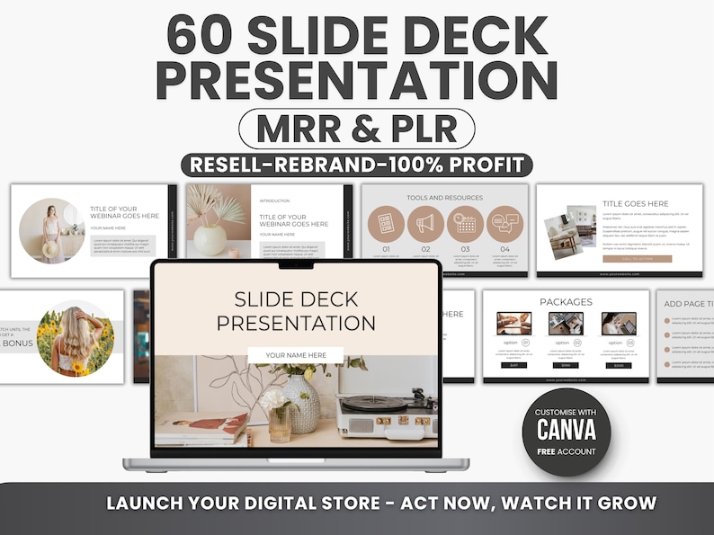 60 Slide Deck Presentation, Canva Presentation Template, Social Media ...