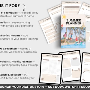 Puede incluir: Un planificador digital con tem&aacute;tica de verano. La portada presenta una escena de playa con palmeras, un sol y personas nadando en el oc&eacute;ano. El planificador incluye p&aacute;ginas para un diario de comida de verano, gratitud de verano, rese&ntilde;as de lectura de verano, recuerdos de verano, recompensas de verano y rese&ntilde;as de libros de verano. El texto "Summer Planner" est&aacute; en el centro de la portada.