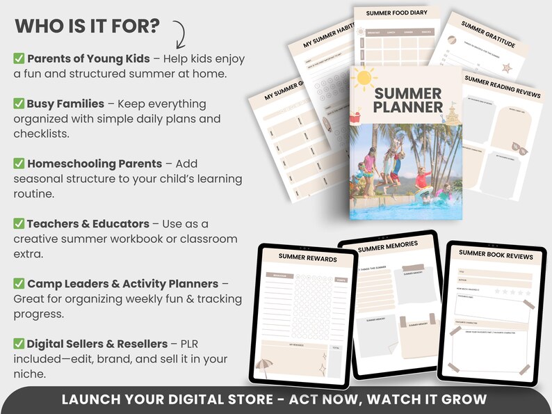 Puede incluir: Un planificador digital con tem&aacute;tica de verano. La portada presenta una escena de playa con palmeras, un sol y personas nadando en el oc&eacute;ano. El planificador incluye p&aacute;ginas para un diario de comida de verano, gratitud de verano, rese&ntilde;as de lectura de verano, recuerdos de verano, recompensas de verano y rese&ntilde;as de libros de verano. El texto "Summer Planner" est&aacute; en el centro de la portada.