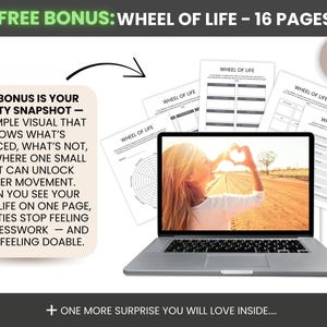May include: A laptop displays a photo of a person making a heart shape with their hands. The image is surrounded by printed pages titled "WHEEL OF LIFE". Text includes "FREE BONUS", "CLARITY SNAPSHOT", and "-60% OFF TODAY".
