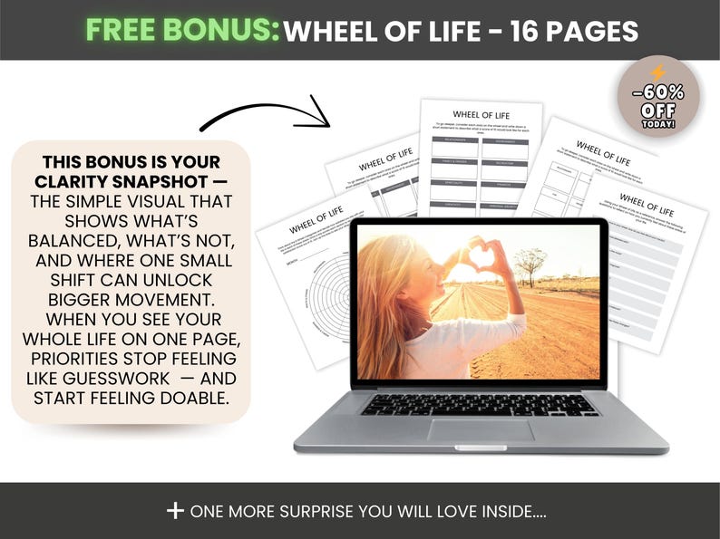 May include: A laptop displays a photo of a person making a heart shape with their hands. The image is surrounded by printed pages titled "WHEEL OF LIFE". Text includes "FREE BONUS", "CLARITY SNAPSHOT", and "-60% OFF TODAY".