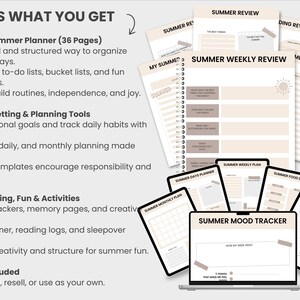 Puede incluir: Un planificador digital para ni&ntilde;os con un esquema de color beige y blanco. El planificador incluye p&aacute;ginas para actividades de verano, establecimiento de objetivos, revisiones semanales y seguimiento del estado de &aacute;nimo. El texto "Kids Summer Planner (36 Pages)" es visible en la imagen.