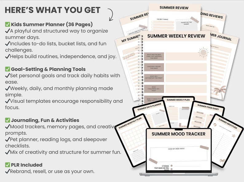 Puede incluir: Un planificador digital para ni&ntilde;os con un esquema de color beige y blanco. El planificador incluye p&aacute;ginas para actividades de verano, establecimiento de objetivos, revisiones semanales y seguimiento del estado de &aacute;nimo. El texto "Kids Summer Planner (36 Pages)" es visible en la imagen.
