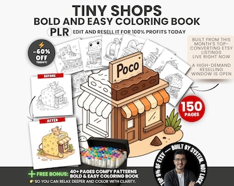 150 Tiny Shops Coloring Book, Kids Coloring Pages, Cozy Coloring Book, Kawaii Cute Shops Coloring, Bold and Easy Coloring Book, PLR Rights