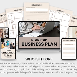 May include: A laptop computer screen displaying the text "Start-Up Business Plan" with a variety of digital business planning resources surrounding it. The resources include a SWOT analysis, brand strategy, brand voice, vision and values, lead generation, finalizing your niche, and a mentor's financial plan.