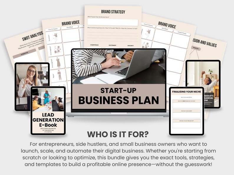 May include: A laptop computer screen displaying the text "Start-Up Business Plan" with a variety of digital business planning resources surrounding it. The resources include a SWOT analysis, brand strategy, brand voice, vision and values, lead generation, finalizing your niche, and a mentor's financial plan.