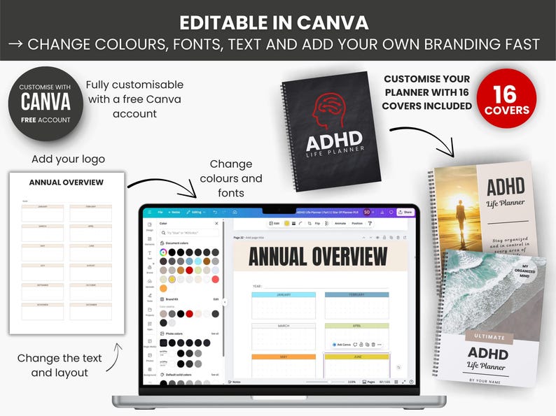 1000 Adhd Life Planner & Calendar Bundle Pdf, Adhd Planner Printable, Adult Adhd Digital Planner, Editable Canva Productivity Journal PLR image 6