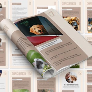May include: A guidebook with a tan cover and pages featuring information about different pet types, including guinea pigs, dogs, and cats. The book has a title that reads "Air travel, road trips, and other modes of transportation".