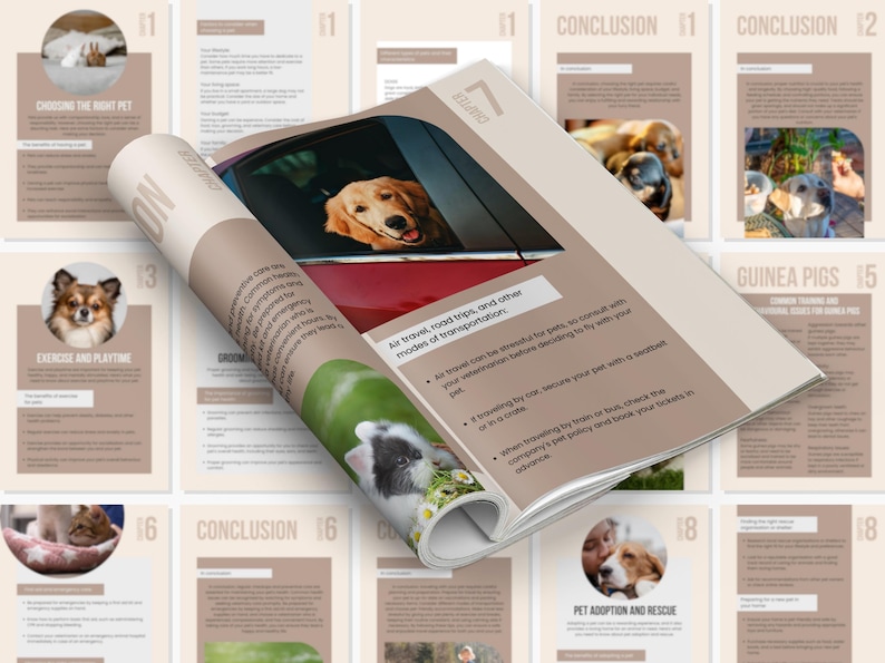 May include: A guidebook with a tan cover and pages featuring information about different pet types, including guinea pigs, dogs, and cats. The book has a title that reads "Air travel, road trips, and other modes of transportation".