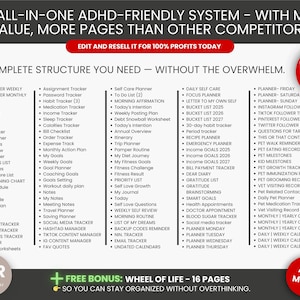 May include: A comprehensive planner system with a red circle indicating 1000 pages. The text includes lists for mood tracking, goals, and daily tasks. It also features a bonus wheel of life with 16 pages.