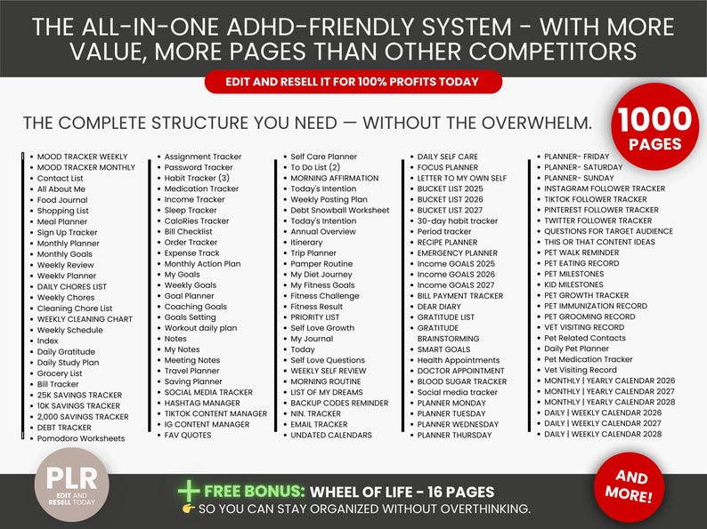 May include: A comprehensive planner system with a red circle indicating 1000 pages. The text includes lists for mood tracking, goals, and daily tasks. It also features a bonus wheel of life with 16 pages.