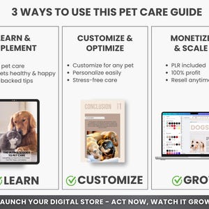 May include: A graphic showing three ways to use a pet care guide. The first section is titled "Learn & Implement" and includes bullet points about mastering pet care, keeping pets healthy and happy, and expert-backed tips. The second section is titled "Customize & Optimize" and includes bullet points about customizing for any pet, personalizing easily, and stress-free care. The third section is titled "Monetize & Scale" and includes bullet points about PLR included, 100% profit, and reselling anytime. The graphic also includes images of a digital pet care guide, a laptop, and a checkmark with the word "Learn", "Customize", and "Grow" underneath each image.