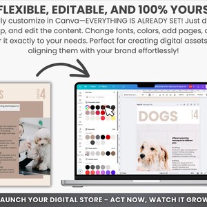 May include: A laptop screen displaying a Canva design template for a digital product about dog grooming techniques. The template features a beige background with the text "DOGS" and "Chapter 4" in a bold, sans-serif font. The template also includes a photo of a dog being groomed.