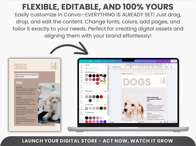 May include: A laptop screen displaying a Canva design template for a digital product about dog grooming techniques. The template features a beige background with the text "DOGS" and "Chapter 4" in a bold, sans-serif font. The template also includes a photo of a dog being groomed.