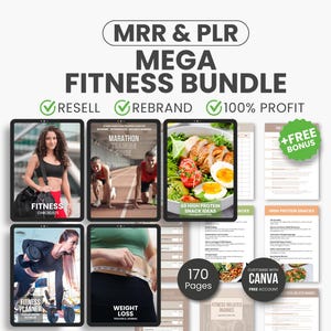 Mega Fitness Bundle With MRR and PLR Ready To Resell, PLR Fitness Planner and Fitness Ebooks, Weight Loss Journal, High Protein Snacks Guide