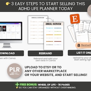 May include: An advertisement for an ADHD life planner, showing a computer screen, planner pages, and a stack of papers. The text reads "3 EASY STEPS TO START SELLING THIS ADHD LIFE PLANNER TODAY". Includes the text "DOWNLOAD", "REBRAND", and "LIST IT ONLINE".