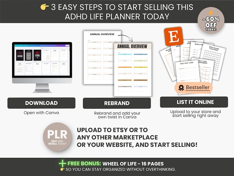 May include: An advertisement for an ADHD life planner, showing a computer screen, planner pages, and a stack of papers. The text reads "3 EASY STEPS TO START SELLING THIS ADHD LIFE PLANNER TODAY". Includes the text "DOWNLOAD", "REBRAND", and "LIST IT ONLINE".