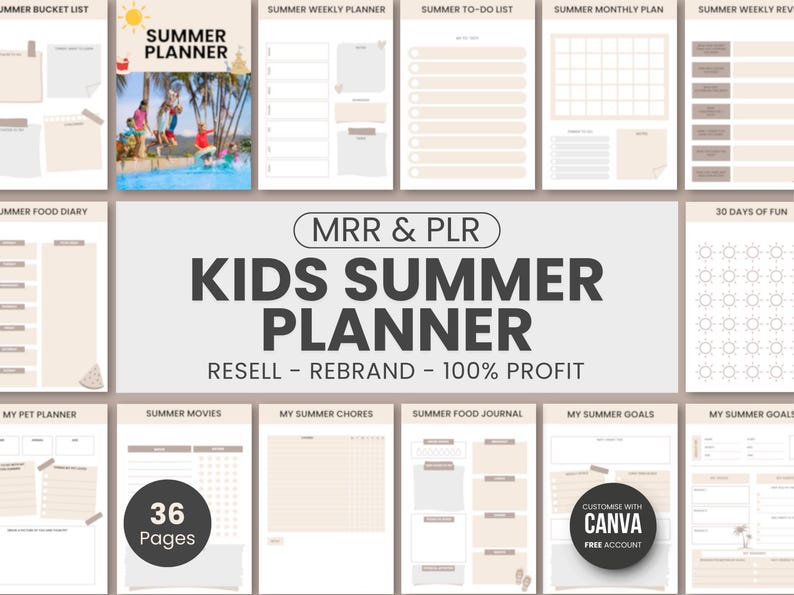Kids Summer Planner Digital Download, Summer Kids Chore Chart, Summer Calendar, Summer Bucket List, Summer Checklist, Canva Template imagen 1