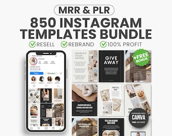850 Instagram Templates Bundle, Social Media Template Bundle,  PLR Instagram Posts, Canva Instagram Template, Instagram Post MRR PLR