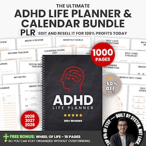 1000 Adhd Life Planner & Calendar Bundle Pdf, Adhd Planner Printable, Adult Adhd Digital Planner, Editable Canva Productivity Journal PLR