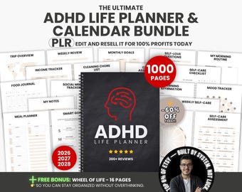 1000 Adhd Life Planner & Calendar Bundle Pdf, Adhd Planner Printable, Adult Adhd Digital Planner, Editable Canva Productivity Journal PLR