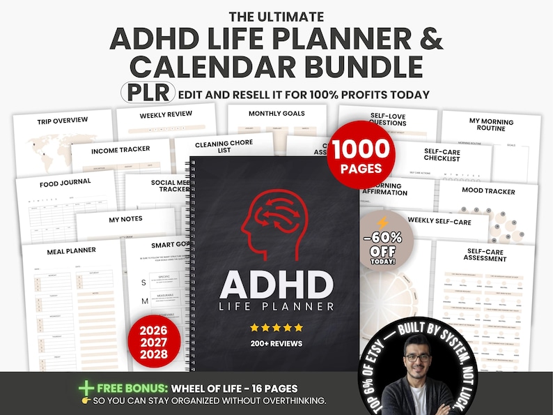 1000 Adhd Life Planner & Calendar Bundle Pdf, Adhd Planner Printable, Adult Adhd Digital Planner, Editable Canva Productivity Journal PLR image 1
