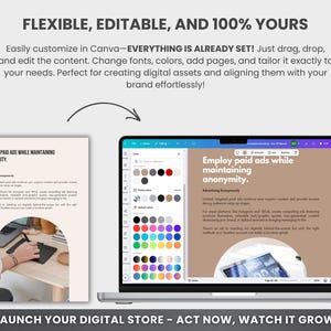 May include: A laptop screen displaying a Canva design template with the text "Employ paid ads while maintaining anonymity." The template has a brown background and a white and black image of a laptop. The laptop screen is open to a website with a color palette and a design editor. The text "Launch your digital store - Act now, watch it grow" is displayed below the laptop.
