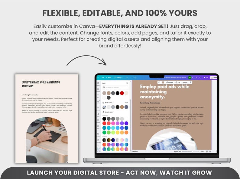 May include: A laptop screen displaying a Canva design template with the text "Employ paid ads while maintaining anonymity." The template has a brown background and a white and black image of a laptop. The laptop screen is open to a website with a color palette and a design editor. The text "Launch your digital store - Act now, watch it grow" is displayed below the laptop.