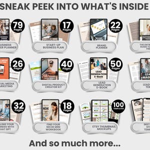 May include: A collage of images showcasing various digital products, including e-books, templates, and workbooks. The products cover topics such as business planning, social media marketing, lead generation, and more. Each image features a title, a page count, and a brief description of the product.