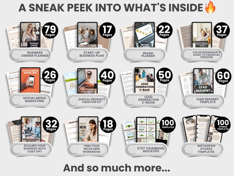 May include: A collage of images showcasing various digital products, including e-books, templates, and workbooks. The products cover topics such as business planning, social media marketing, lead generation, and more. Each image features a title, a page count, and a brief description of the product.