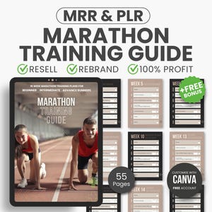 Marathon Training Plan and Journal, Running Tracker Log, 16 Week Marathon Training Plan, Canva Template, MRR PLR Marathon Training Guide