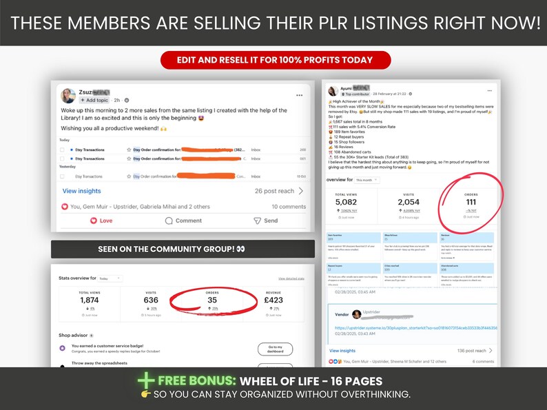 May include: Image showing Etsy seller statistics with the text "THESE MEMBERS ARE SELLING THEIR PLR LISTINGS RIGHT NOW!". The image includes screenshots of sales data, with circled numbers highlighting order counts and revenue. Text encourages reselling for profits.