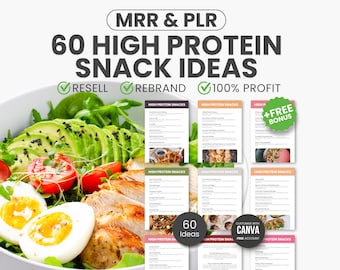 Libro de recetas con 60 ideas de refrigerios ricos en proteínas, refrigerios proteicos saludables, plantilla PLR/MRR de Canva, imán de clientes potenciales de nutrición, alimentos ricos en proteínas