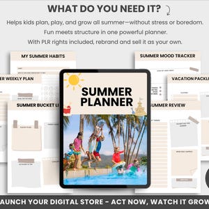 Puede incluir: Un planificador digital para que los ni&ntilde;os lo usen durante el verano. El planificador incluye secciones para planes semanales, una lista de deseos para el verano, h&aacute;bitos de verano, un rastreador de humor, una lista de empaque para las vacaciones y una revisi&oacute;n de verano. El planificador est&aacute; dise&ntilde;ado para ayudar a los ni&ntilde;os a planificar, jugar y crecer durante todo el verano. El planificador es editable en Canva.