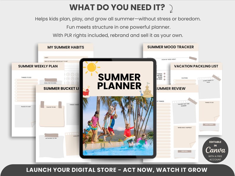 Puede incluir: Un planificador digital para que los ni&ntilde;os lo usen durante el verano. El planificador incluye secciones para planes semanales, una lista de deseos para el verano, h&aacute;bitos de verano, un rastreador de humor, una lista de empaque para las vacaciones y una revisi&oacute;n de verano. El planificador est&aacute; dise&ntilde;ado para ayudar a los ni&ntilde;os a planificar, jugar y crecer durante todo el verano. El planificador es editable en Canva.