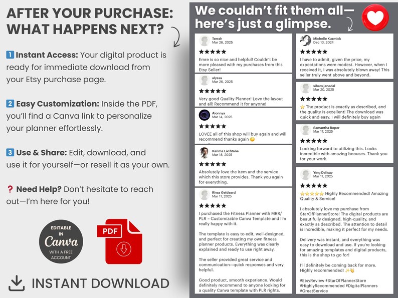 Puede incluir: Un gr&aacute;fico con fondo azul y texto blanco que explica el proceso de compra de un planificador digital. El texto incluye las palabras "Acceso instant&aacute;neo", "Personalizaci&oacute;n f&aacute;cil", "Usar y compartir" y "&iquest;Necesitas ayuda?" El gr&aacute;fico tambi&eacute;n incluye im&aacute;genes de un archivo PDF y el logotipo de Canva.
