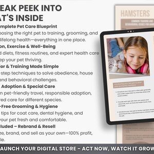 May include: A digital product cover with a checklist of topics related to pet care. The cover features a young girl with a cat, and the text "The Complete Pet Care Blueprint" is highlighted. The text "HAMSTERS" is visible in the upper right corner of the image.