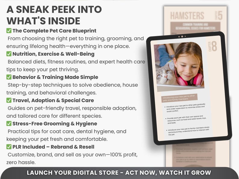 May include: A digital product cover with a checklist of topics related to pet care. The cover features a young girl with a cat, and the text "The Complete Pet Care Blueprint" is highlighted. The text "HAMSTERS" is visible in the upper right corner of the image.
