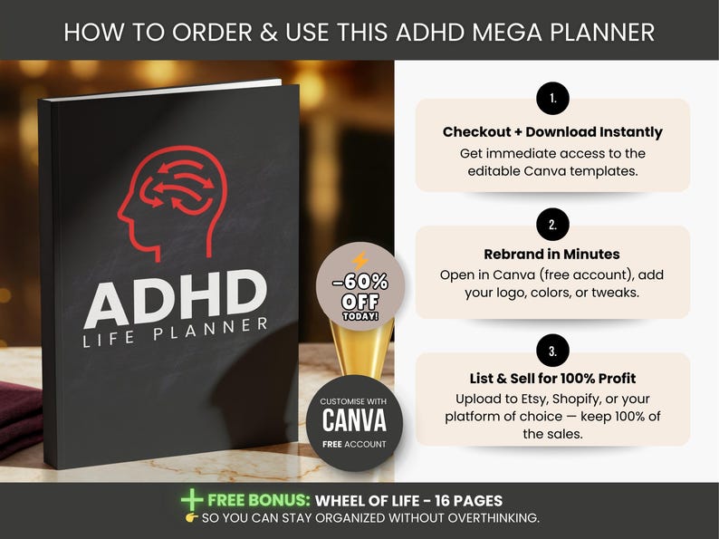 1000 Adhd Life Planner & Calendar Bundle Pdf, Adhd Planner Printable, Adult Adhd Digital Planner, Editable Canva Productivity Journal PLR image 9