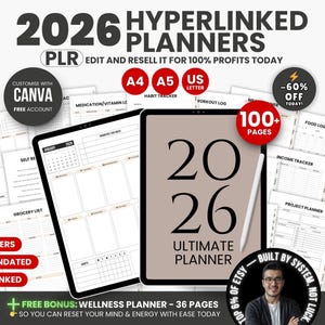 2026 Digital Planner, Hyperlinked Goodnotes Planner, Canva, Digital Life Planner, Daily Planner, Weekly Planner, Monthly Planner, PLR Rights