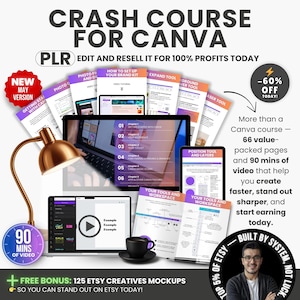 以下が含まれることがあります： 「CRASH COURSE FOR CANVA」というテキストが入ったCanvaコースの広告。画像には、ラップトップ、タブレット、印刷物などが含まれています。ランプとコーヒーカップも表示されています。コースでは90分のビデオと無料ボーナスを提供しています。