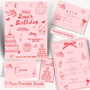 May include: A printable 5-piece party bundle in pink and red with a whimsical design. The bundle includes a birthday invitation, RSVP card, menu, and two place cards. The invitation features the text "Rose's Birthday" and a cake with hearts. The RSVP card has a heart and a martini glass. The menu has a heart and a cake. The place cards have a heart and a champagne glass. The text "Download Instantly" is included on the image.