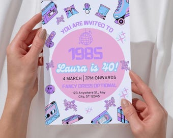 1985 40歳の誕生日招待状 | レトロな編集可能なCanvaテンプレート