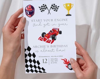 Invitación de cumpleaños de Fórmula 1 F1 / Invitación a fiesta de autos de carrera rojos / Tema de carreras con bandera a cuadros