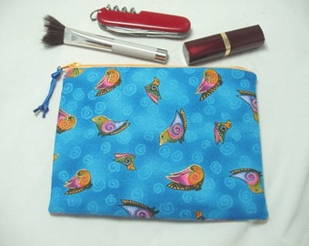 Large Padded Zipper Pouch in Laurel Burch - Embracing Horses-  Multicolored Birds on Blue Print