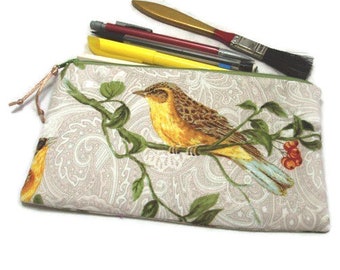 Long Padded Pencil Cosmetic Art Brush Zipper Pouch In Avignon Scroll Bird  Print