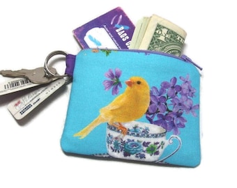 Mini Coin Change Zipper Pouch Purse for Jewelry, Pill Case, Ear Buds in Canary Tea Party Print