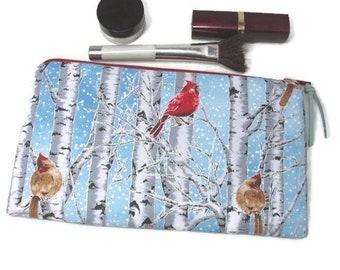 Long Padded Pencil Cosmetic Art Brush Zipper Pouch In Birch Tree Perch Cardinal Print