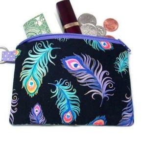 Mini Coin Change Zipper Pouch Purse for Jewelry, Pill Case, Ear Buds in Peacock feather Fancy Print